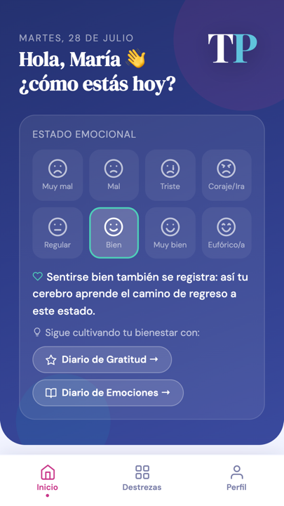 Pantalla de inicio con registro de ánimo